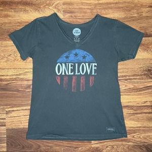 Life Is Good One Love American Flag Political Peace Shirt Womens Small